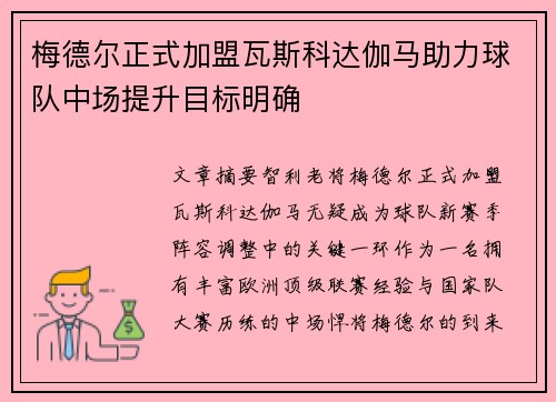 梅德尔正式加盟瓦斯科达伽马助力球队中场提升目标明确
